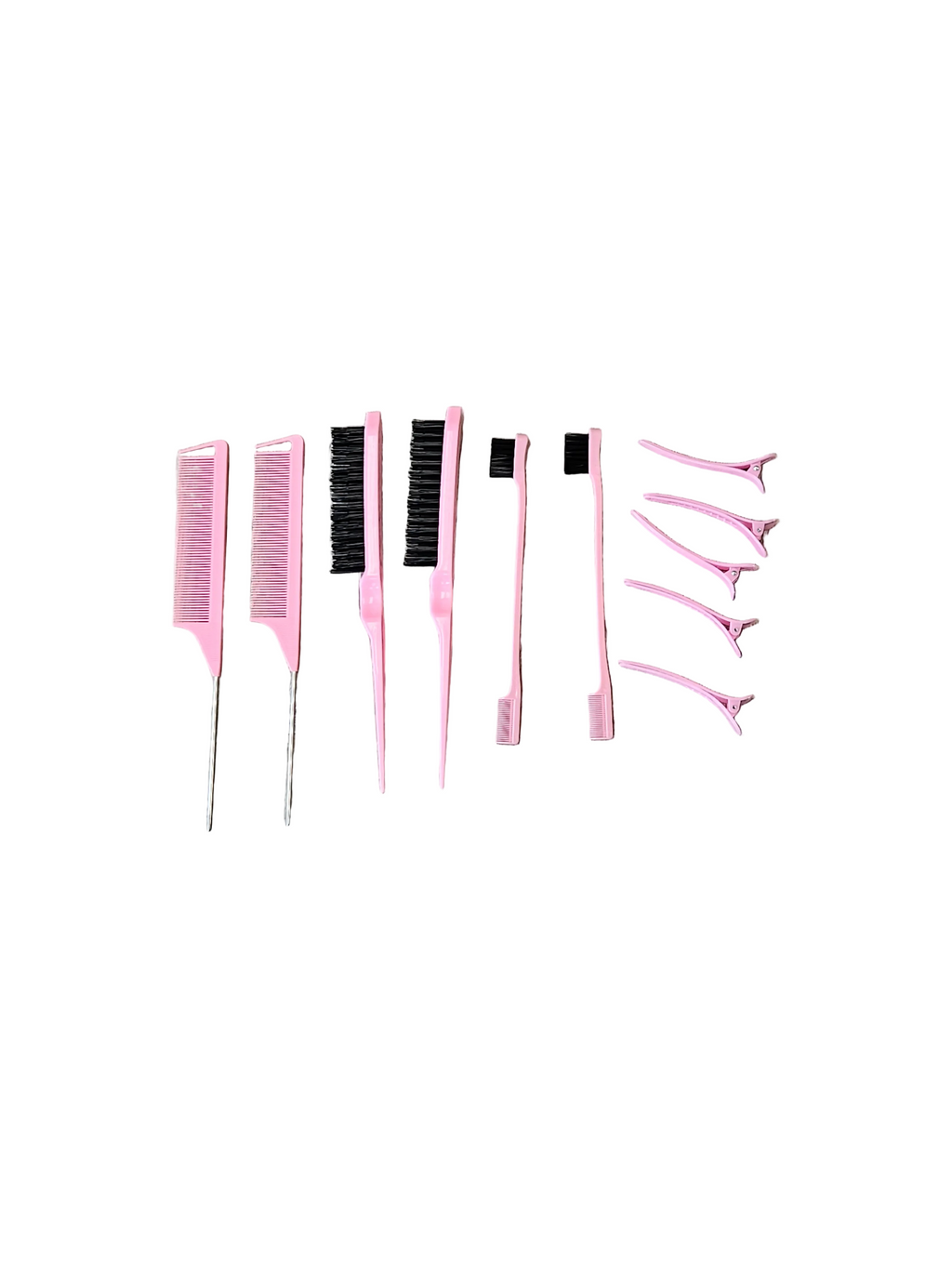 11 Piece Nylon Brushes set for Grooming-Salon Teasing Brush, Double, Sided Edge Brush, Smooth Comb,Rat Tail Combs With Duckbill Clips For Women and Girls (Pink Color.