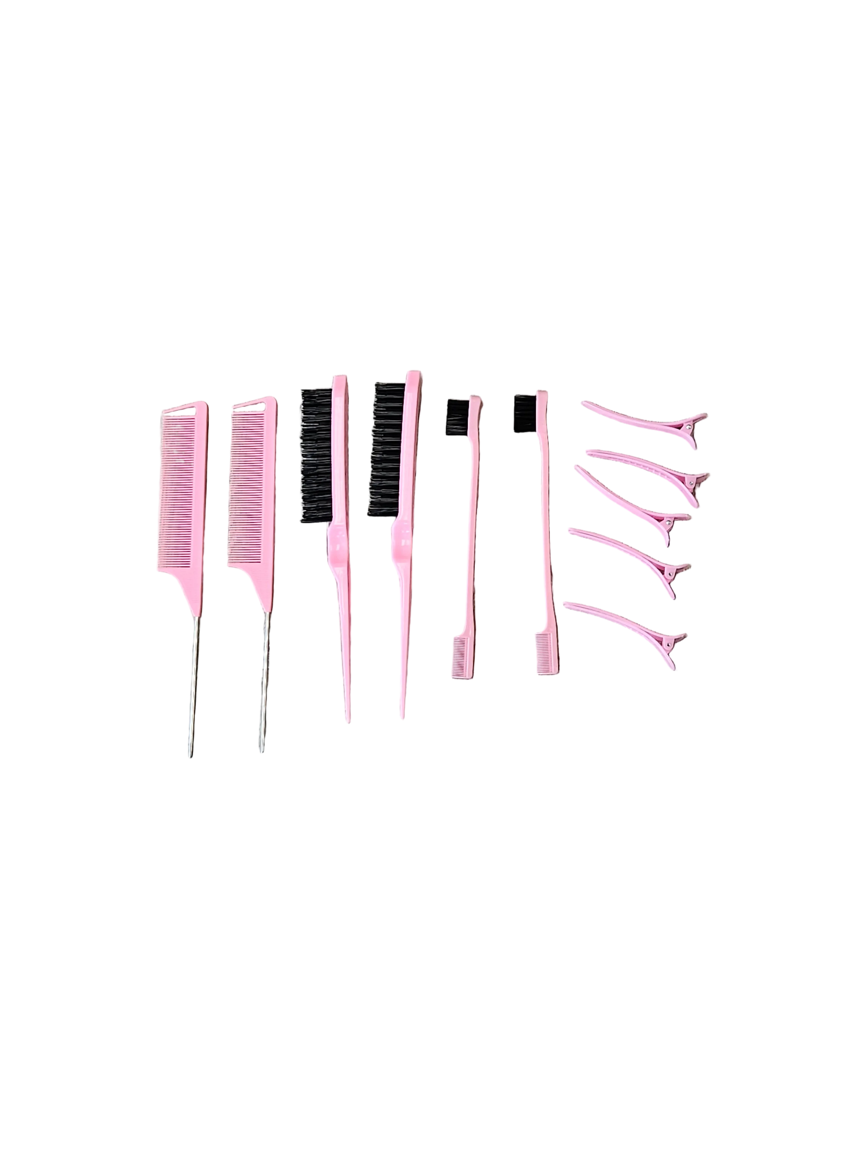 11 Piece Nylon Brushes set for Grooming-Salon Teasing Brush, Double, Sided Edge Brush, Smooth Comb,Rat Tail Combs With Duckbill Clips For Women and Girls (Pink Color.
